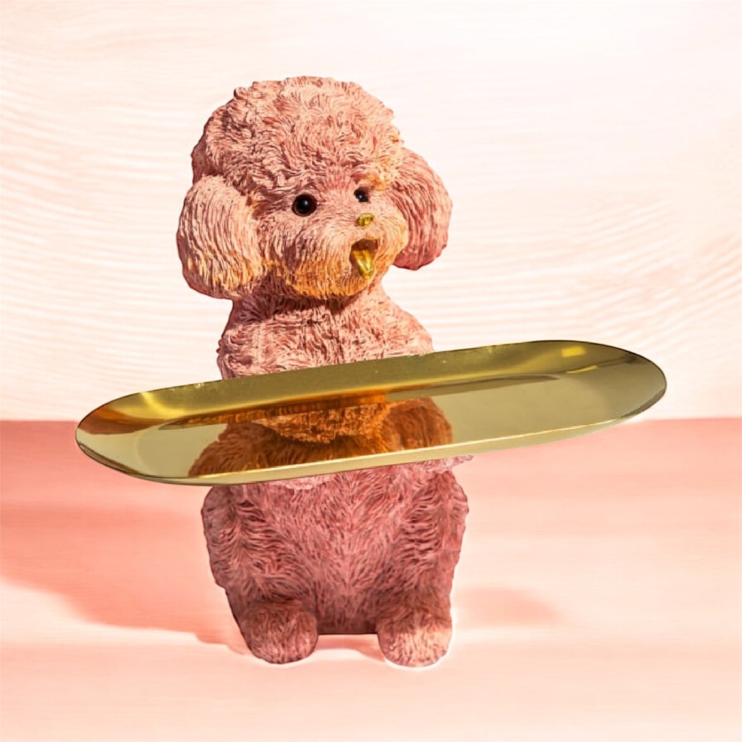 Pink Poodle Dog Holding Gold Tray – Glamorous & Quirky Home Decor Accent