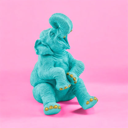 Pale Blue Laughing Elephant with Gold Details – Elegant Decorative Sculpture