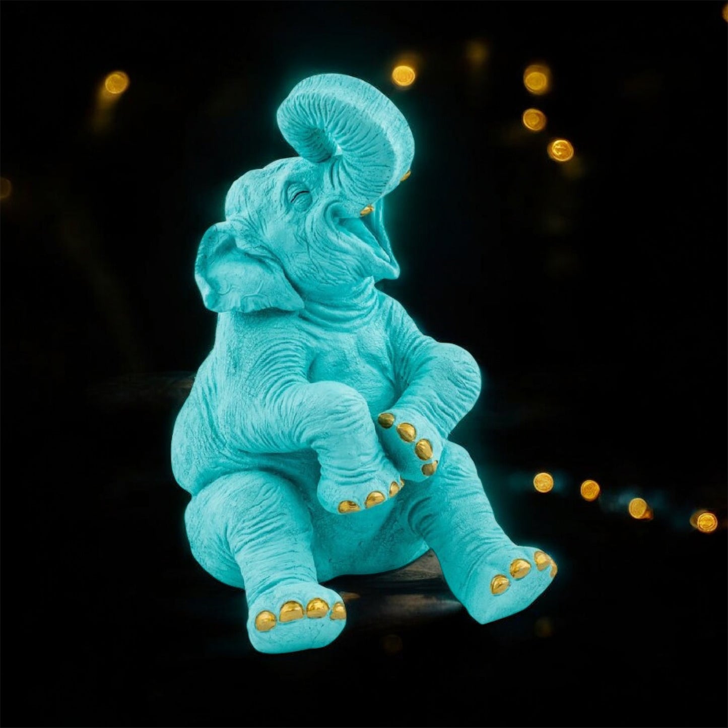 Pale Blue Laughing Elephant with Gold Details – Elegant Decorative Sculpture