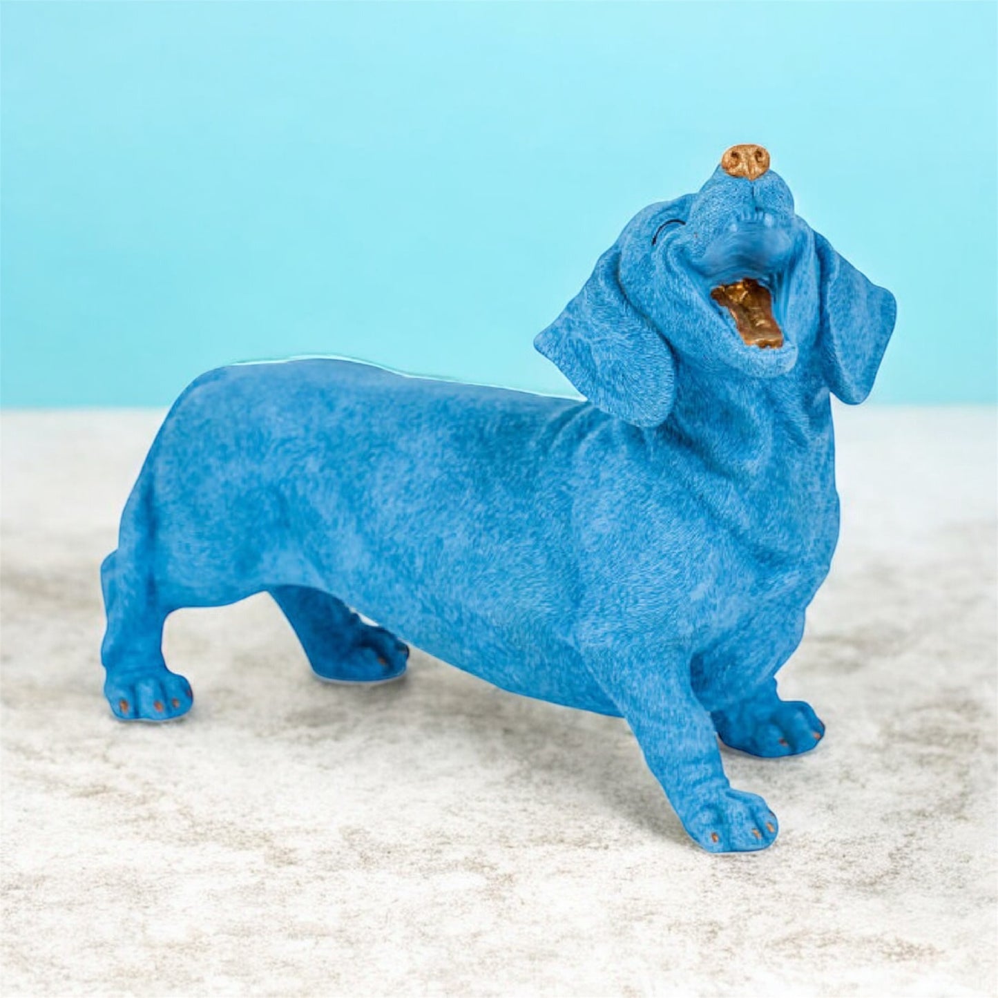 Blue Laughing Dachshund Figure – Fun & Quirky Dog Decor