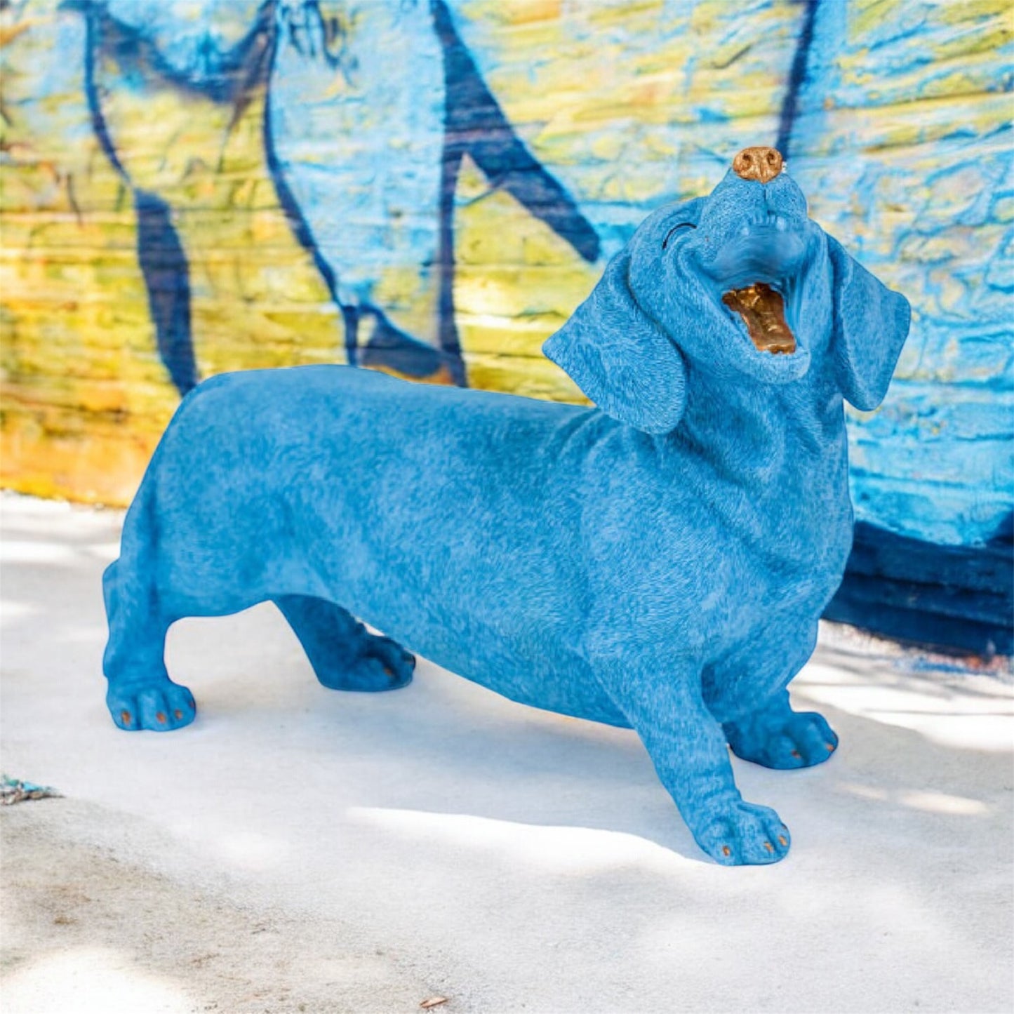 Blue Laughing Dachshund Figure – Fun & Quirky Dog Decor