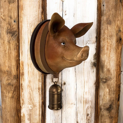 Large Resin Pig Wall Head with Bell - Unique Garden & Home Decor