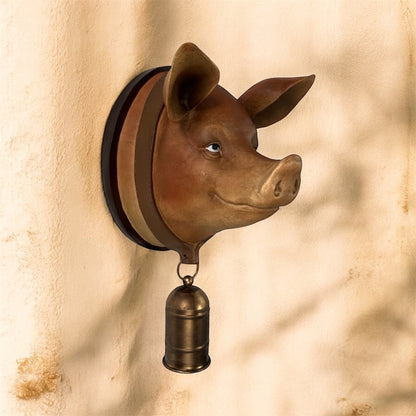 Large Resin Pig Wall Head with Bell - Unique Garden & Home Decor