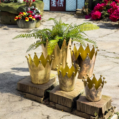 Set of 5 Antique Gold Metal Crown Planters – Elegant Indoor & Outdoor Décor