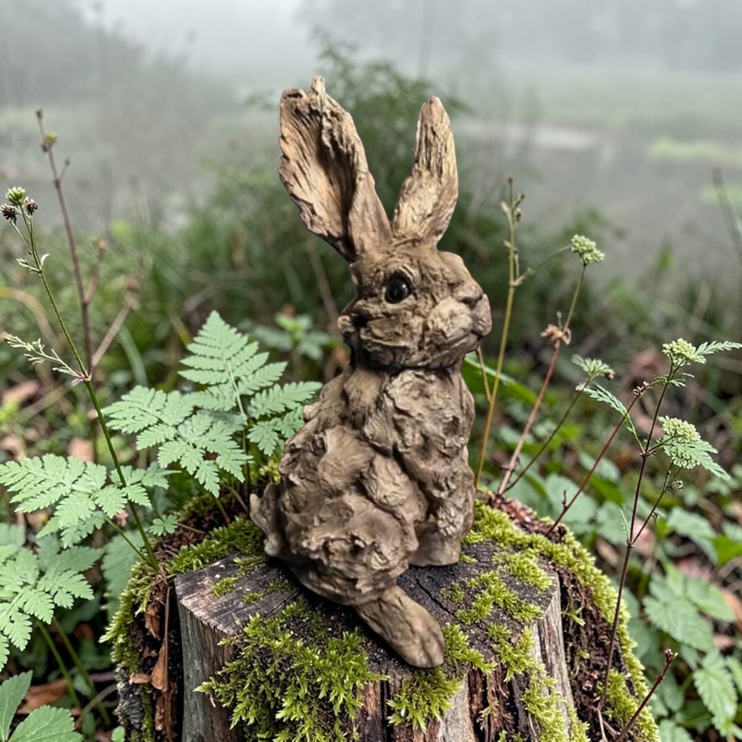 Rustic Rabbit Resin Sculpture – Wood-Look