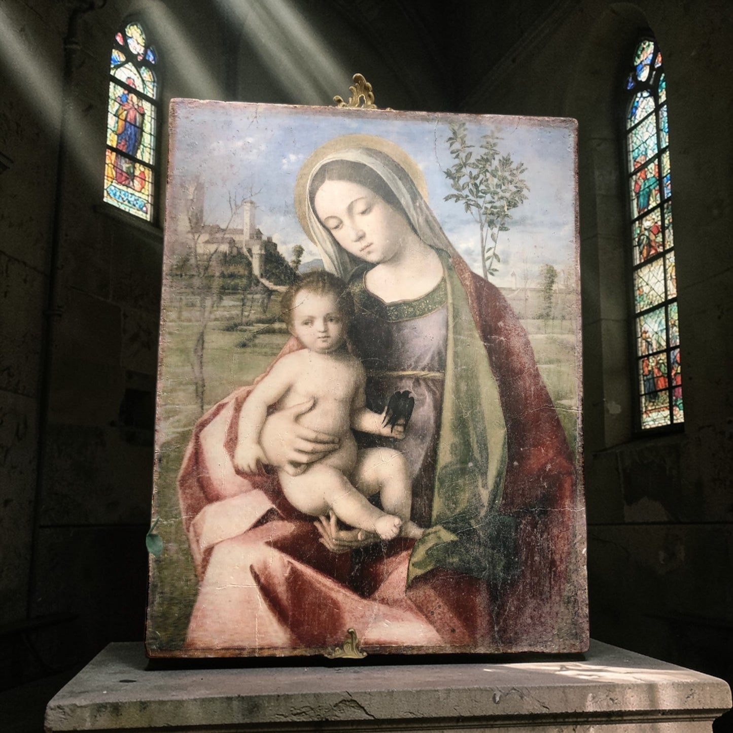 Antiqued Stone Effect Madonna with Child - Fresco Style Wall Art