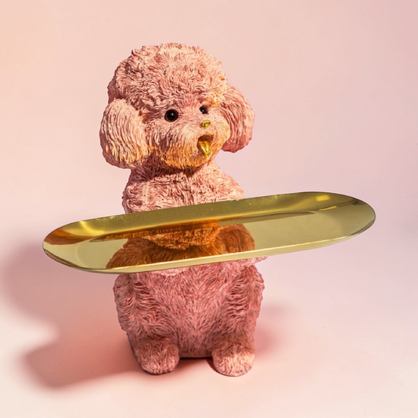 Pink Poodle Dog Holding Gold Tray – Glamorous & Quirky Home Decor Accent | Sign of the times Stoke