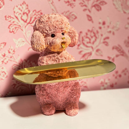 Pink Poodle Dog Holding Gold Tray – Glamorous & Quirky Home Decor Accent | Sign of the times Stoke