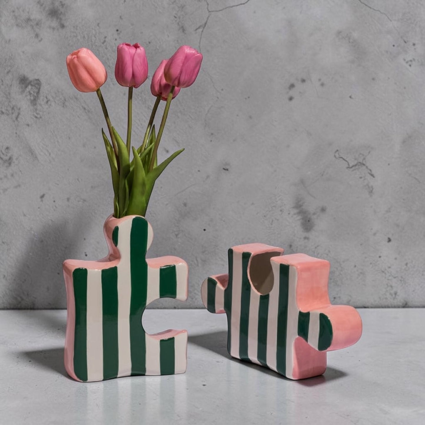 Set of 2 Ceramic Jigsaw Piece Vases – Green/White & Pink Decorative Pair