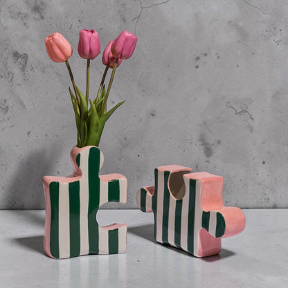 Set of 2 Ceramic Jigsaw Piece Vases – Green/White & Pink Decorative Pair