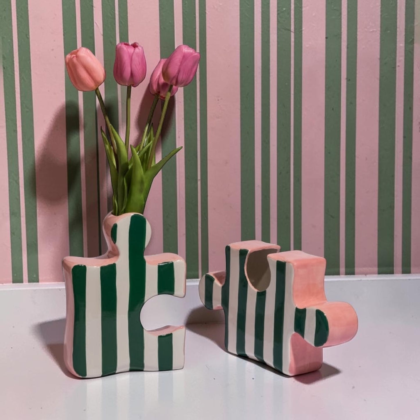 Set of 2 Ceramic Jigsaw Piece Vases – Green/White & Pink Decorative Pair