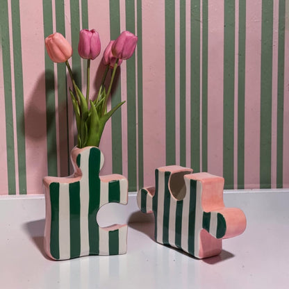 Set of 2 Ceramic Jigsaw Piece Vases – Green/White & Pink Decorative Pair