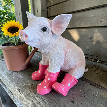 Sitting Pig with Wellies – Cute Resin Piglet Ornament