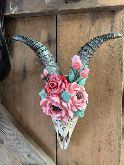 Goat Skull with Flowers – Decorative Wall Art Sculpture
