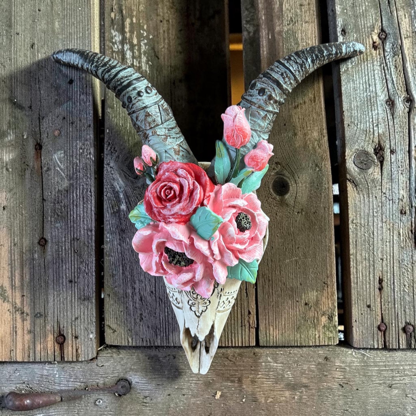 Goat Skull with Flowers – Decorative Wall Art Sculpture