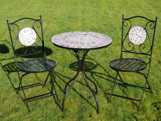 Mosaic Table and Two Chairs Set - Wrought Iron and Coloured Glass Tiles for Outdoor Elegance | Sign of the times Stoke