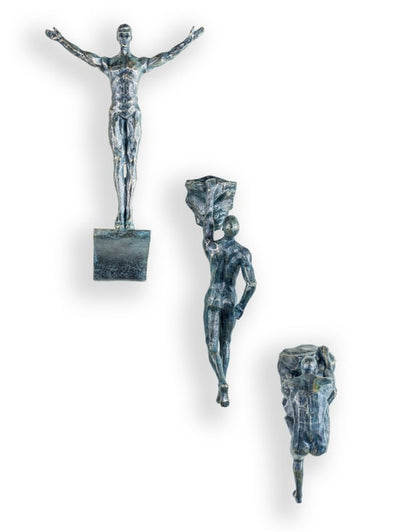 Set of 3 Antique Bronze Rock Climbing Men Figures | Bold Wall Sculpture Trio