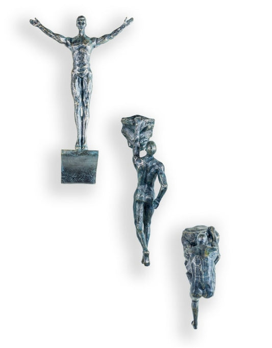Set of 3 Antique Bronze Rock Climbing Men Figures | Bold Wall Sculpture Trio
