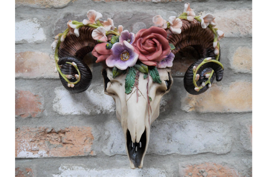 Floral Ram Skull Wall Head – Rustic Wall Décor with Intriguing Charm