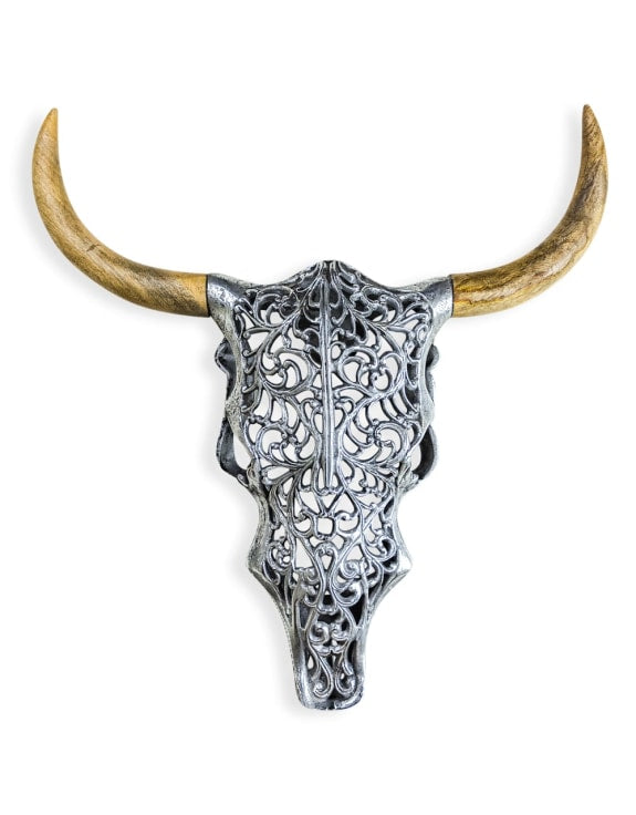 Silver Bison Skull Wall Mount - Antique Aluminium and Wood Tribal Decor | Sign of the times Stoke