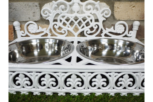 Vintage Style White Dog Bowls - Elegant Cast Iron Stand with Silver Metal Bowls | Sign of the times Stoke