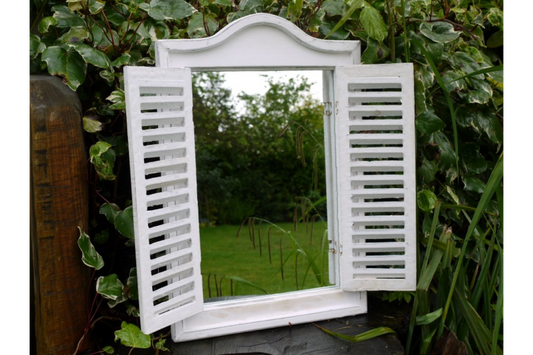 White Wooden Mirror with Shutters - Elegant Indoor/Outdoor Wall Mirror | Sign of the times Stoke