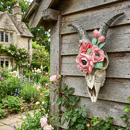 Goat Skull with Flowers – Decorative Wall Art Sculpture