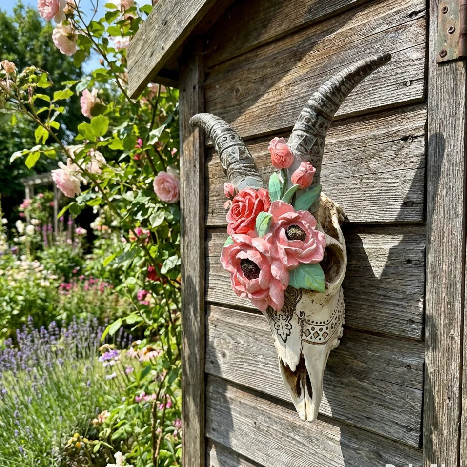 Goat Skull with Flowers – Decorative Wall Art Sculpture