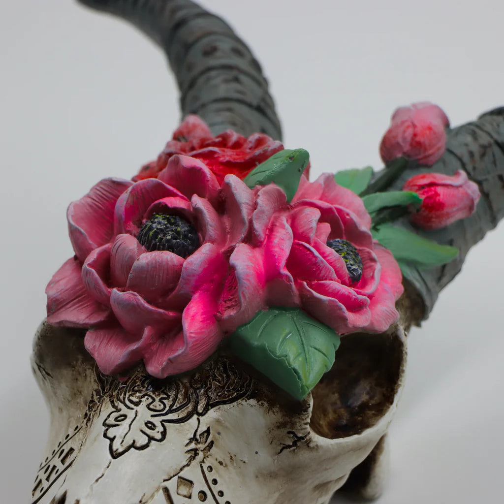 Goat Skull with Flowers – Decorative Wall Art Sculpture