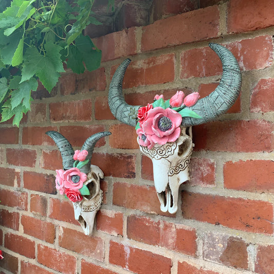 Goat Skull with Flowers – Decorative Wall Art Sculpture