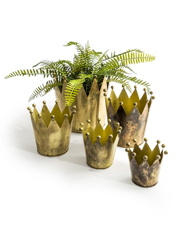 Set of 5 Antique Gold Metal Crown Planters – Elegant Indoor & Outdoor Décor