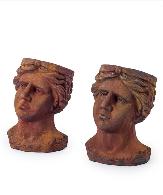 Set of 2 Antiquated Rusted Classical Head Planters - Rustic Resin Planter Sculptures | Sign of the times Stoke