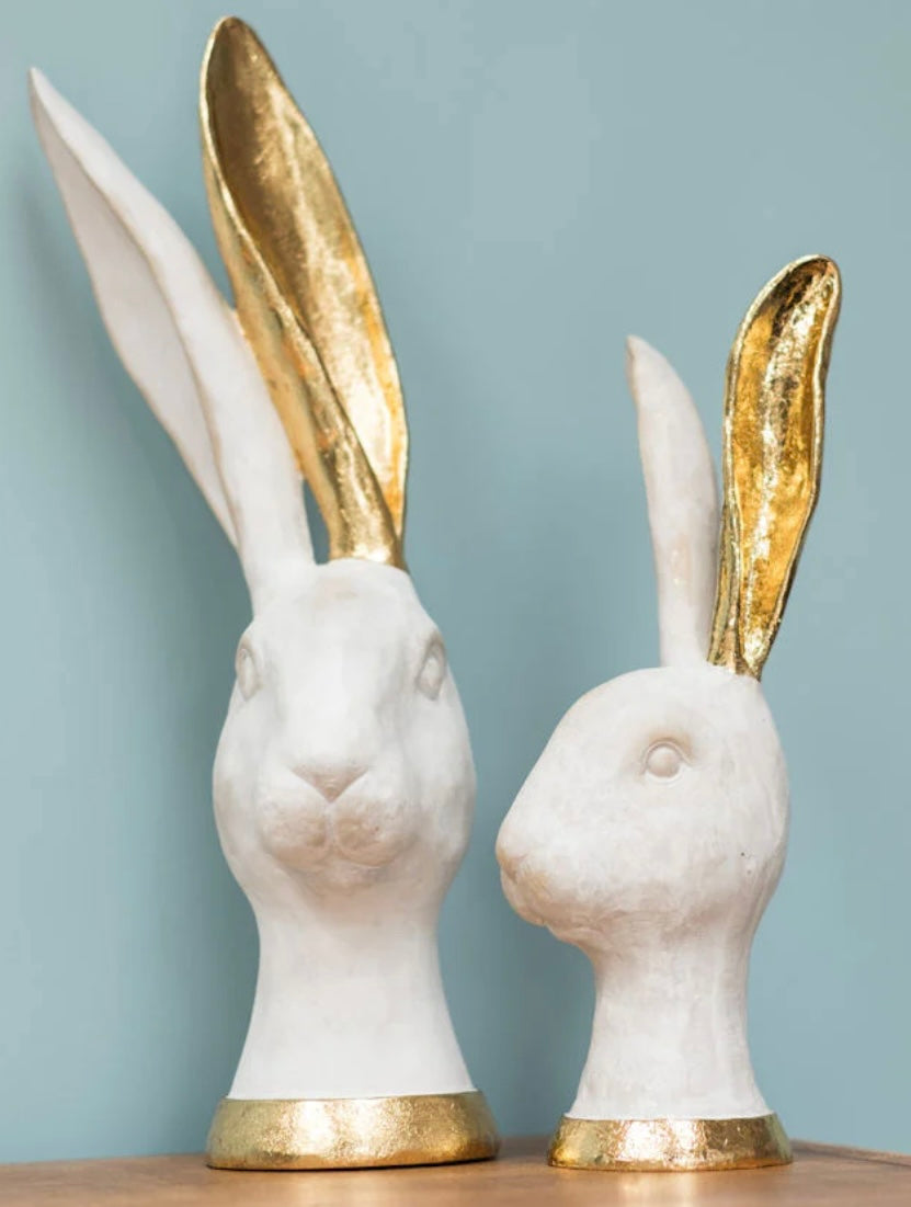 White and Gold Hares Sculpture - Set of 2 Elegant Resin Hares with Gold Foil Details | Sign of the times Stoke