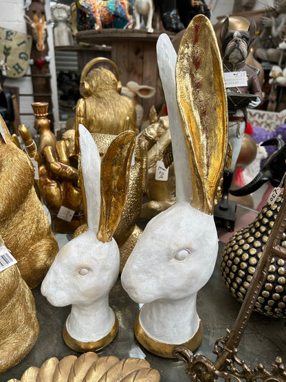 White and Gold Hares Sculpture - Set of 2 Elegant Resin Hares with Gold Foil Details | Sign of the times Stoke