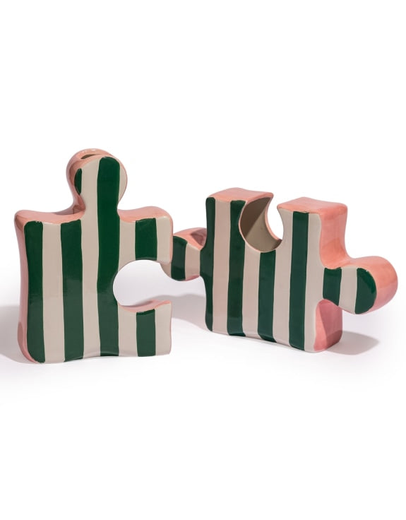 Set of 2 Ceramic Jigsaw Piece Vases – Green/White & Pink Decorative Pair