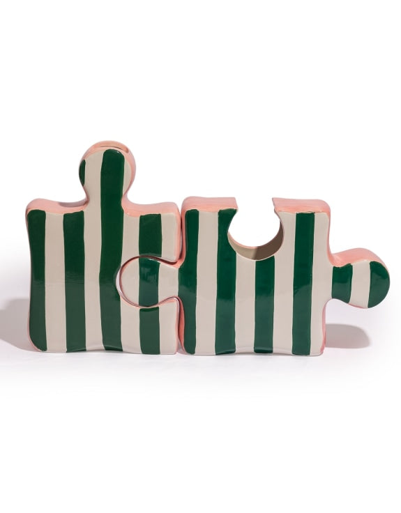 Set of 2 Ceramic Jigsaw Piece Vases – Green/White & Pink Decorative Pair