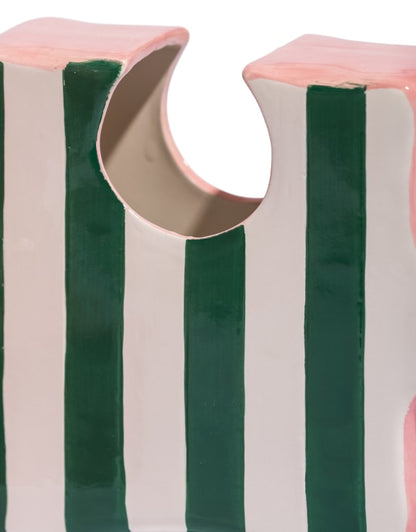 Set of 2 Ceramic Jigsaw Piece Vases – Green/White & Pink Decorative Pair