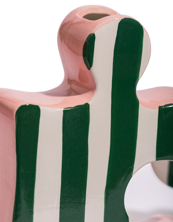 Set of 2 Ceramic Jigsaw Piece Vases – Green/White & Pink Decorative Pair