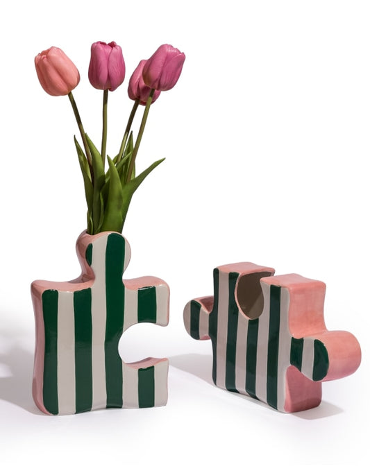 Set of 2 Ceramic Jigsaw Piece Vases – Green/White & Pink Decorative Pair