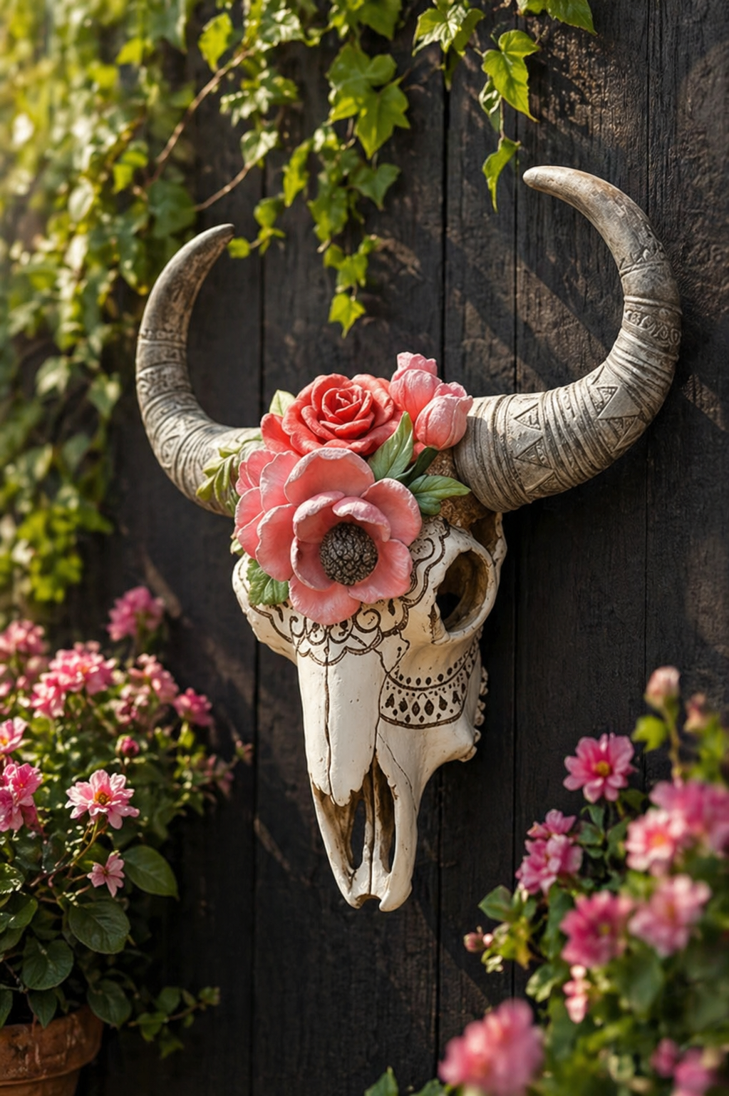 Ram Skull with Flowers – Hand-Painted Statement Wall Décor