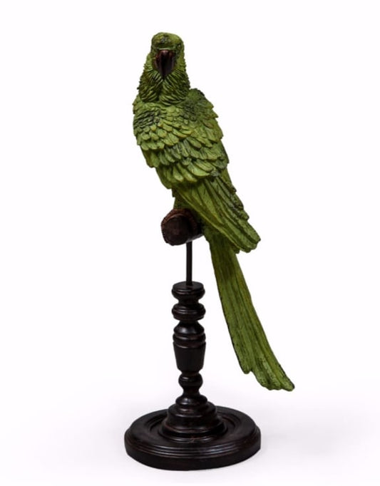 Green Parrot on Perch Figure – Exotic Tropical Bird Decor