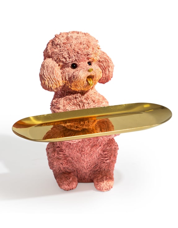 Pink Poodle Dog Holding Gold Tray – Glamorous & Quirky Home Decor Accent