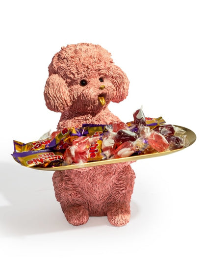 Pink Poodle Dog Holding Gold Tray – Glamorous & Quirky Home Decor Accent