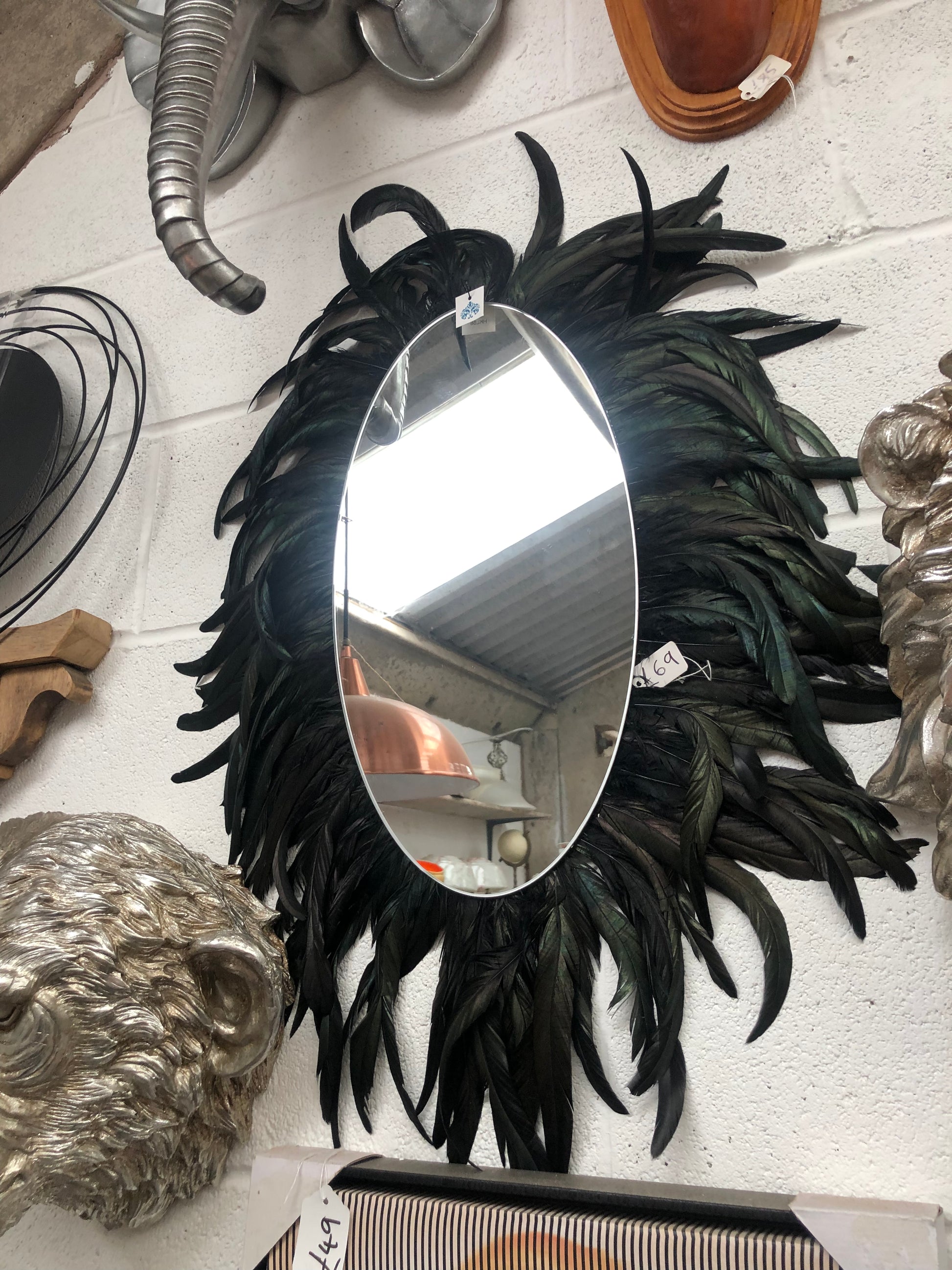 Large Oval Feather Framed Wall Mirror - Black with Green Accents | Sign of the times Stoke