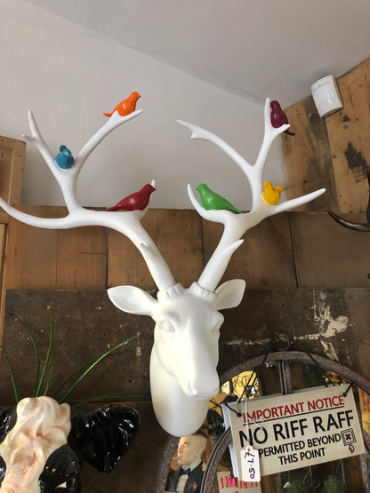 White Stag Head Wall Mount with Coloured Birds – Gloss Resin Decoration | Sign of the times Stoke