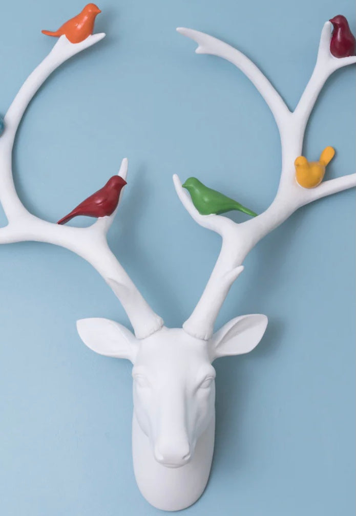 White Stag Head Wall Mount with Coloured Birds – Gloss Resin Decoration | Sign of the times Stoke