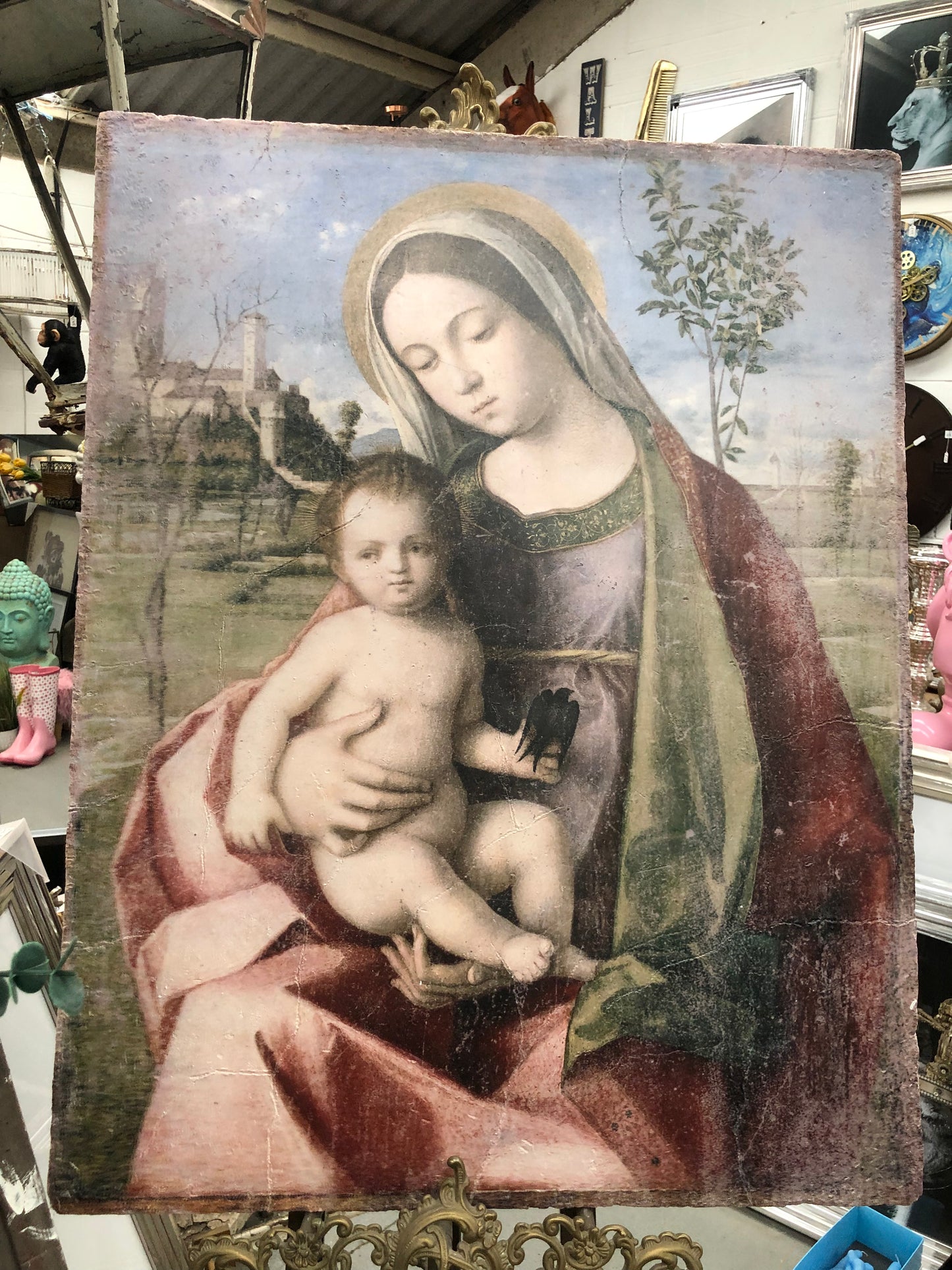 Antiqued Stone Effect Madonna with Child Fresco Style Wall Art