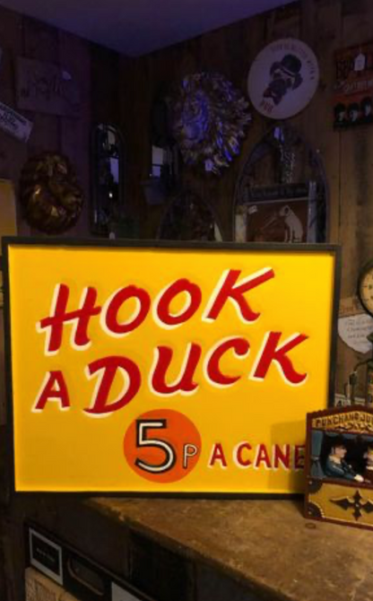 "Hook A Duck" Fairground Sign – Bright Yellow with Hand-Painted Red Text | Sign of the times Stoke