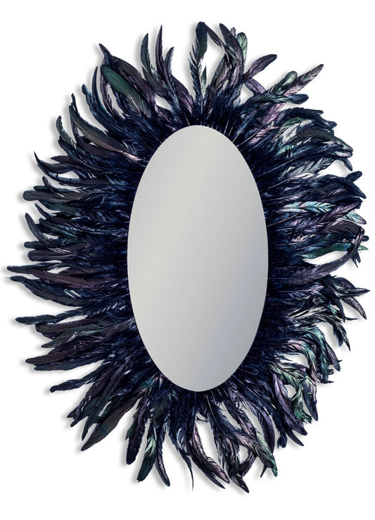 Large Oval Feather Framed Wall Mirror - Black with Green Accents | Sign of the times Stoke