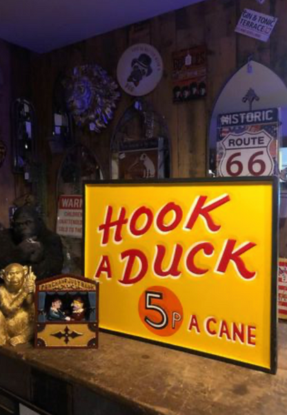 "Hook A Duck" Fairground Sign – Bright Yellow with Hand-Painted Red Text | Sign of the times Stoke